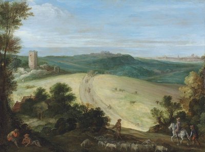 Extensive Wooded Landscape with Shepherd, Flock, Ruined Tower, and City by Paul Bril